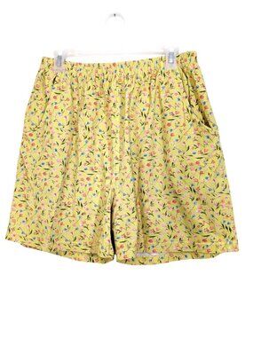 Vintage Womens XL Shorts Cottagecore Yellow Floral Cotton Y2K High Waist Pockets